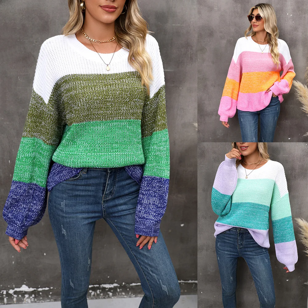 

2023 New Large Size Loose Pullover Women's Clashing Stripe Casual Knitwear Autumn and Winter Female Fashion Elegant Sweater