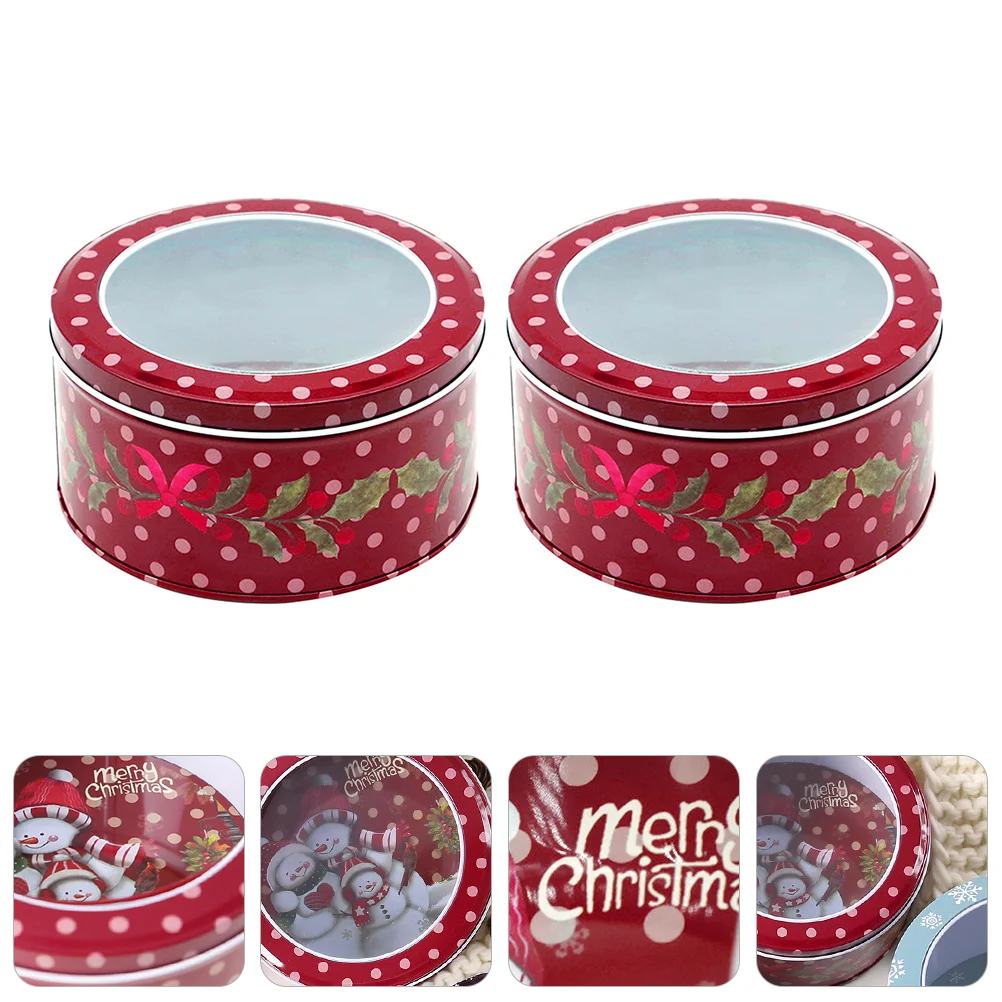 

2Pcs Cookie Gift Boxeses Snowmen Round Tinplate Candy Box Containeres Cosmetics Jar with Clear Window Lids for