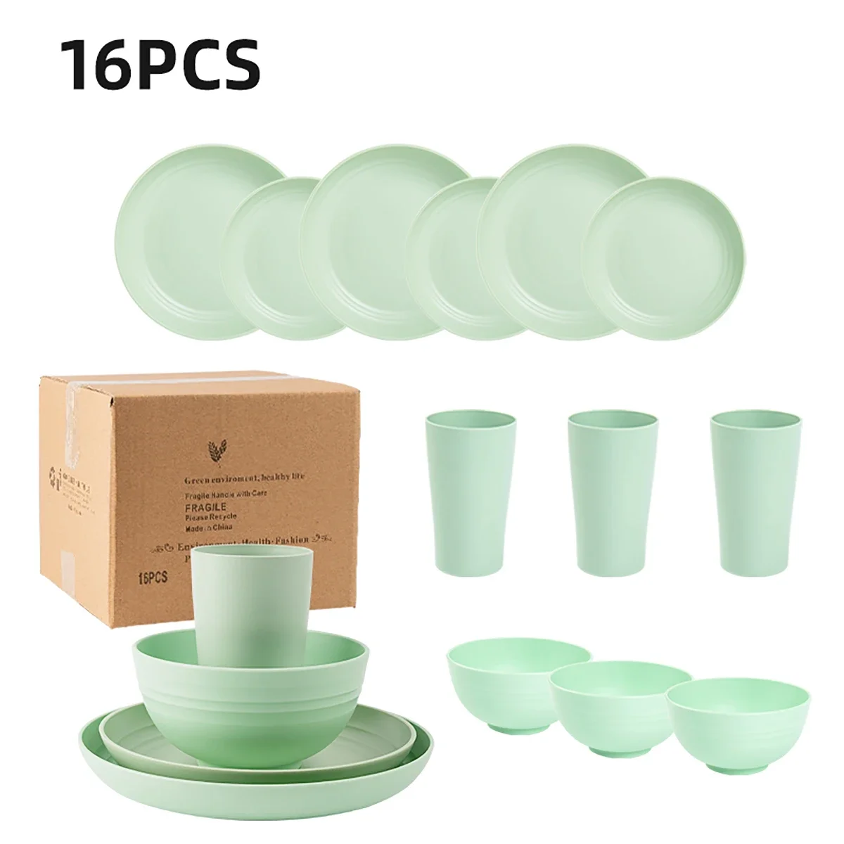 16Pcs Wheat Straw Cutlery Sets Green Bowl Saucers Plate Sets Portable Picnic Knife Fork Black Dinnerware Camping Full Tableware