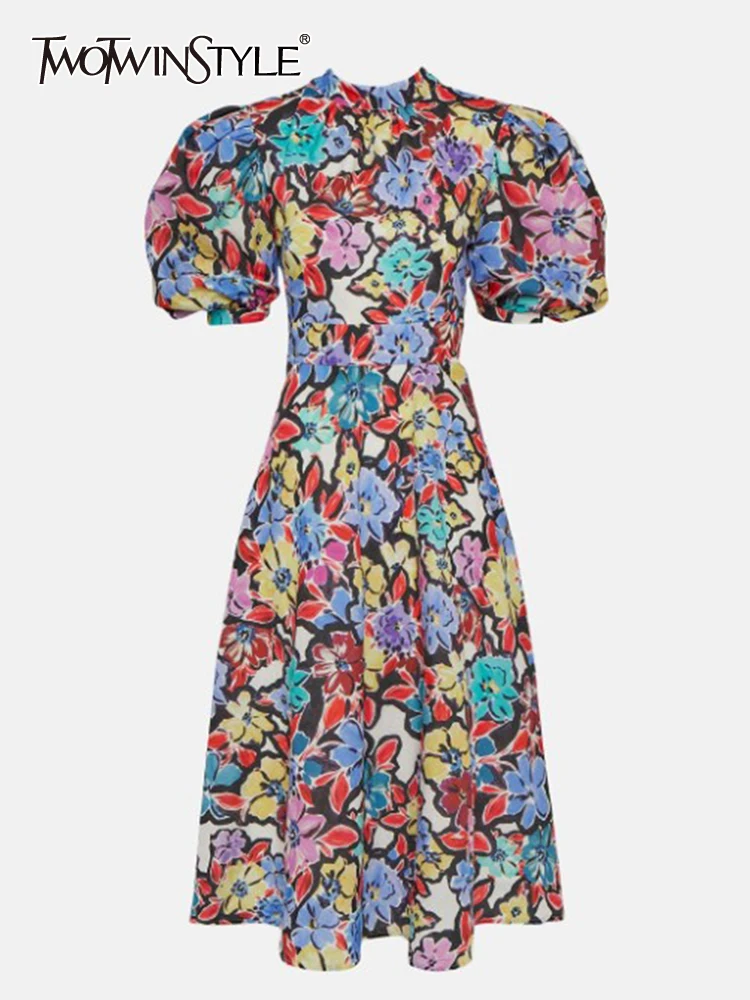 

Женское платье-миди TWOTWINSTYLE, винтажное платье с цветочным принтом, укороченным воротником и пышным коротким рукавом, с высокой талией и откр...