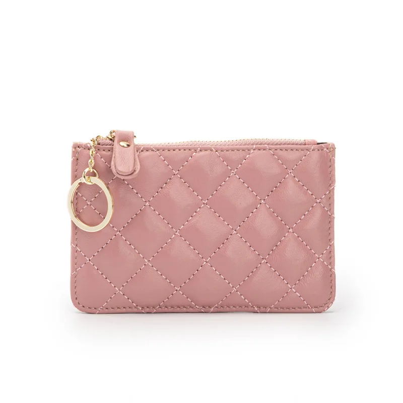 Women Sheepskin Zip Coin Wallet Key Chain Fashion Small Purse Money Designer Diamond Pattern Short Change Pouch Coin Purse