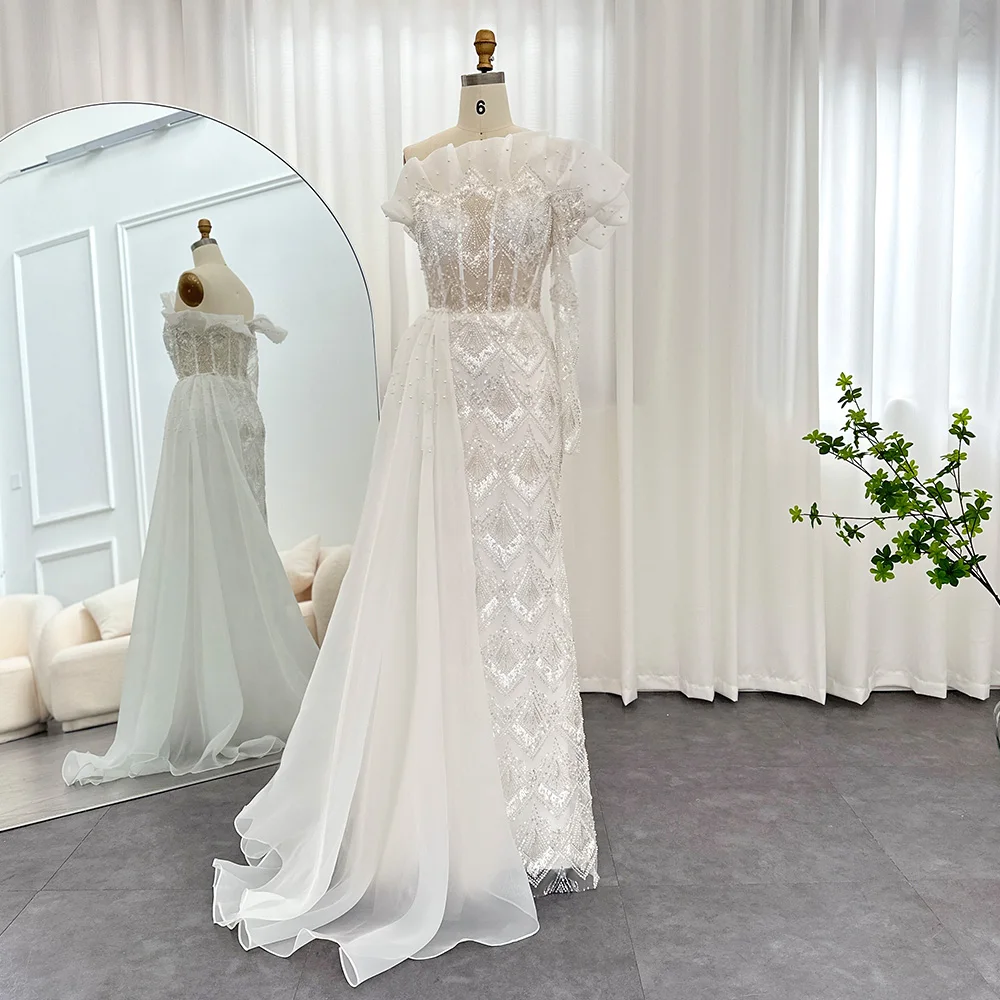 Jancember Charming Beading Evening Dress One Shoulder Crystal Elegant Long Sleeves Trailing  Formal Gowns For Party Scz003