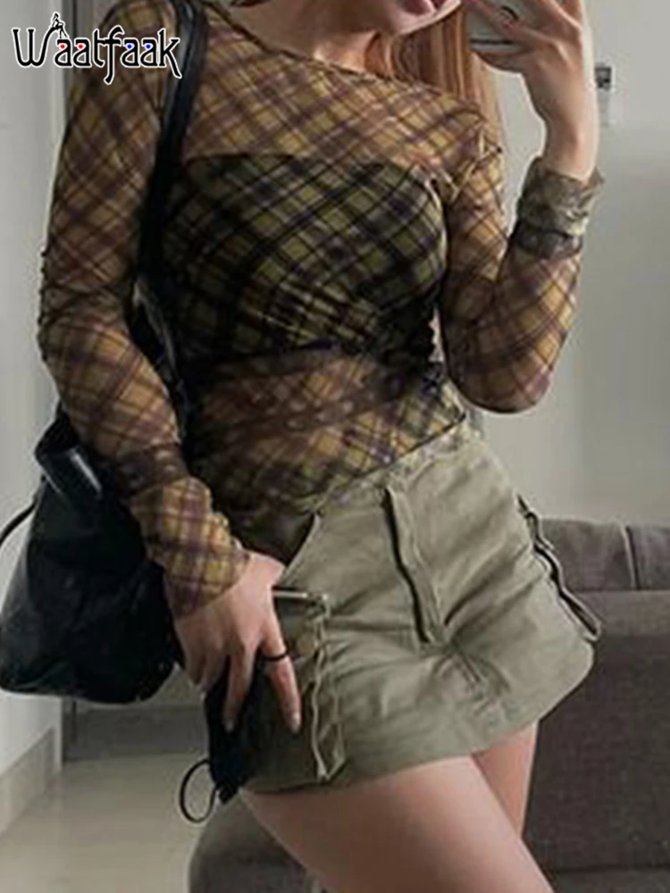 

Винтажная Сетчатая футболка Waatfaak в клетку в уличном стиле, летняя Прозрачная черная футболка в стиле ретро Y2K, базовая ткань с длинным рукав...