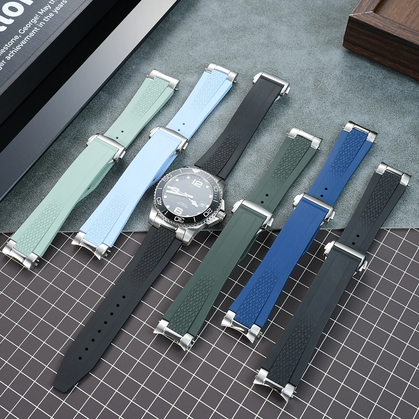 Фото Ремешок для часов из фторкаучука 21 мм для Longines hydroconquest L3.781/L3.883.4, спортивный ремешок для часов для дайвинга + металлический интерфейс №1