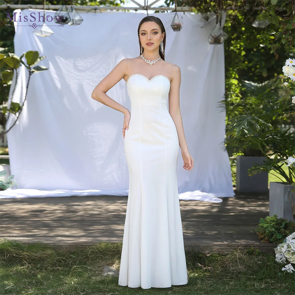 

Simple White Pearls Beach Wedding Dresses 2022 Women Long Mermaid Sweetheart Sleeveless Open Back Bridal Gowns for Wedding Party