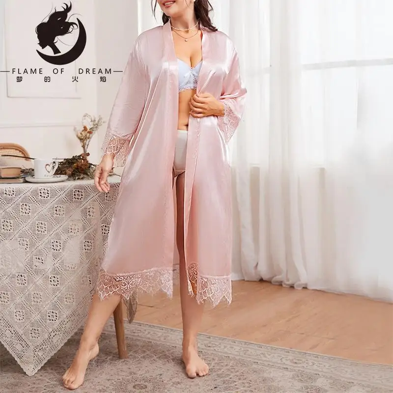 Flame Of Dream Plus Size Summer Nightrobe Simple Casual Cardigan Nightwear  Home Clothes  Bathrobe Ice Silk Nightdress 221459