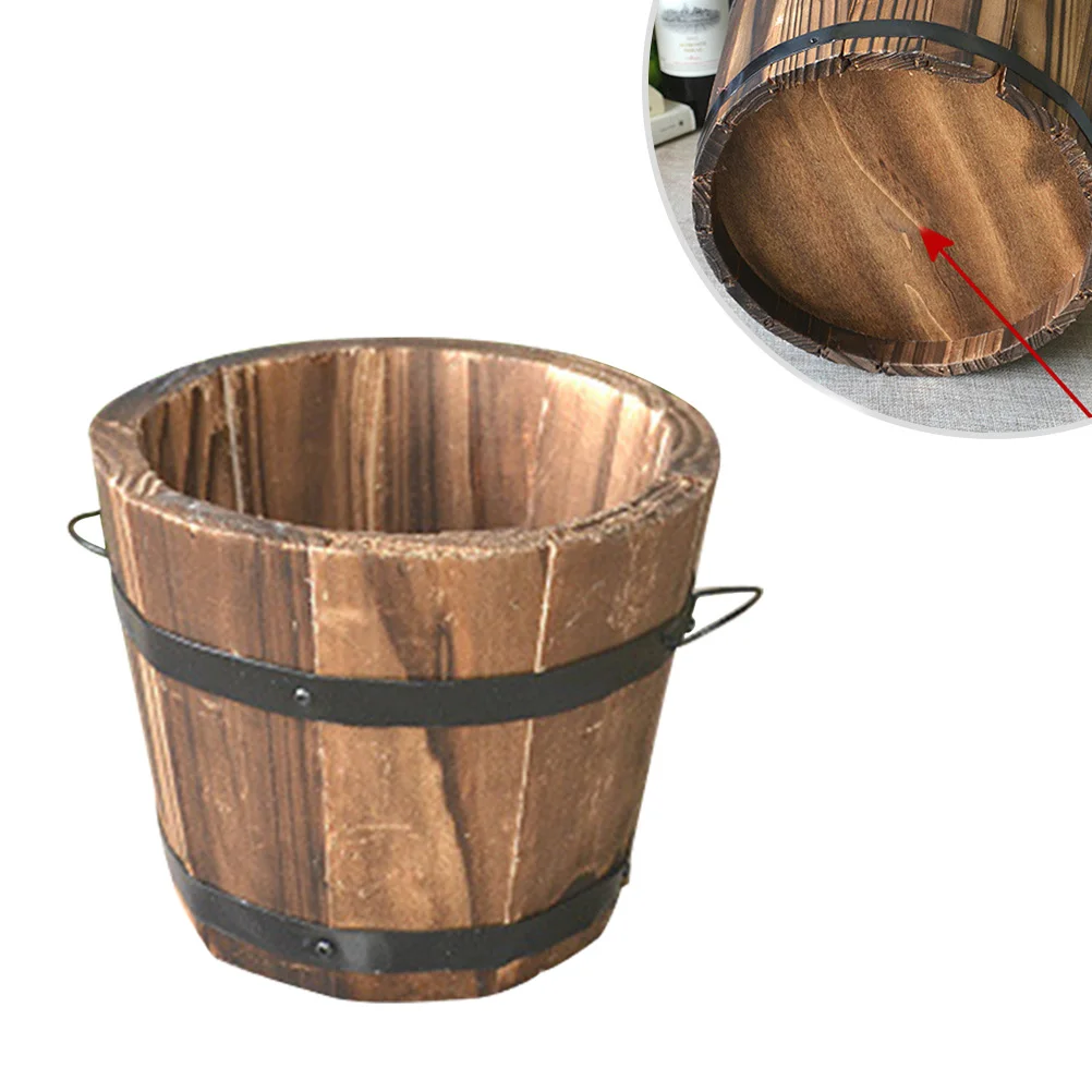 

Wooden Round Planter Flower Pots Home Office Garden Wedding Decor (Flat Mouth/Small/Brown/12x9x10cm)