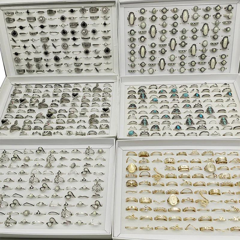 Lote de 50 unidades de joyería de fábrica en Stock, anillos de dedo para mujer, placa de plata antigua de oro, esmalte, Ópalo, cristal, serpiente, joyería para fiesta, Bar y Niña