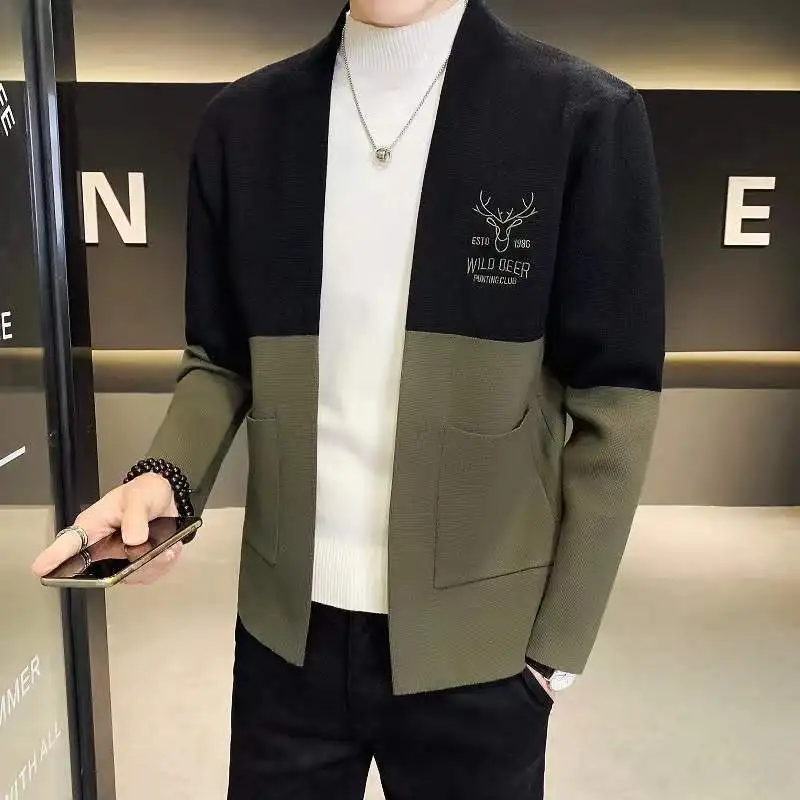 

2022 Spring Knitted Cardigan Sweater Men Fashion Splicing Long Sleeve Slim Fit Knit Jacket Casual Sweatercoat Men Clothing