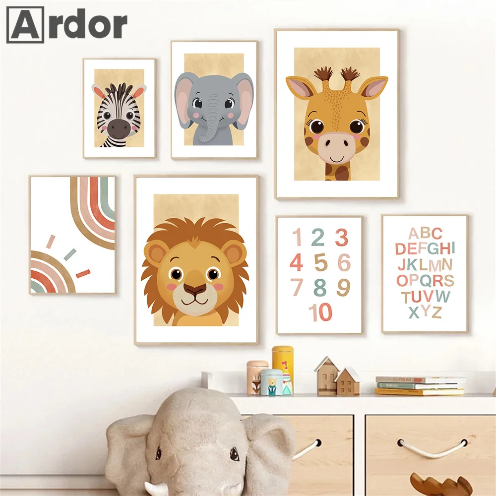 

Rainbow Numbers Alphabet Lion Giraffe Zebra Elephant Wall Art Canvas Painting Boho Posters And Prints Pictures Kids Room Decor