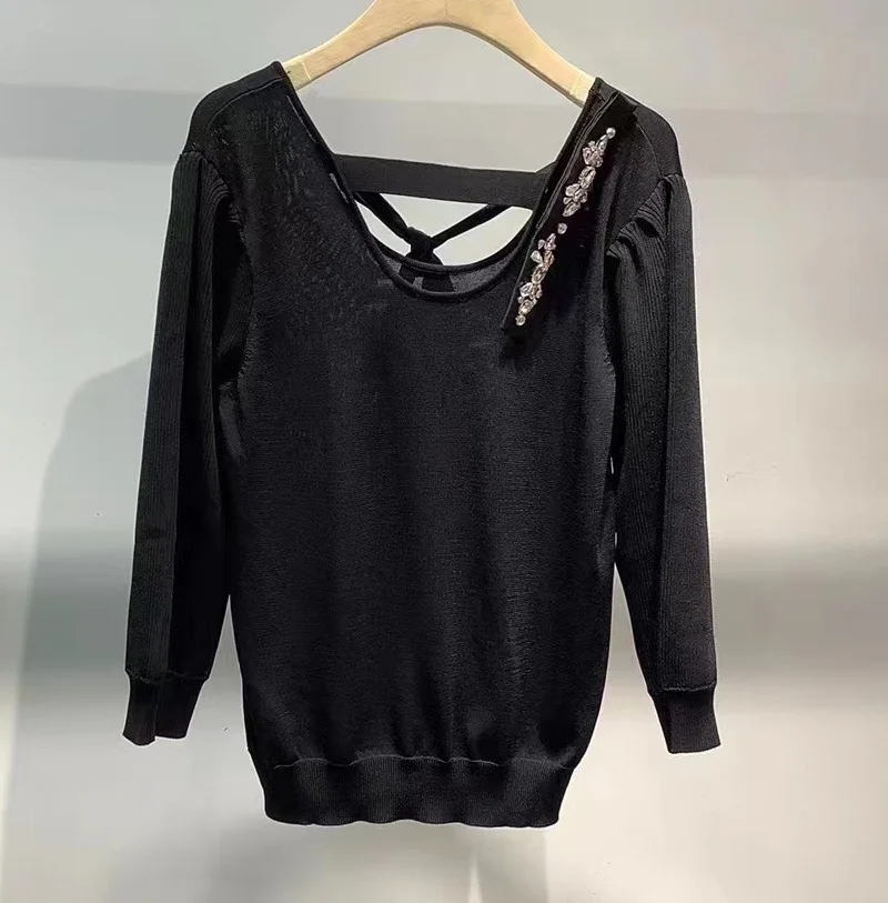 High Quality New Knitted Sweaters 2022 Autumn Winter Pullovers Ladies Diamond Beading Deco Casual Black Jumpers Ladies Bow Tops