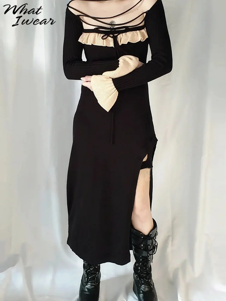 

Женское вечернее платье Whatiwear, новинка 2022, с длинным рукавом, на шнуровке, асимметричное, до середины икры, приталенное, сексуальное, черное, ...