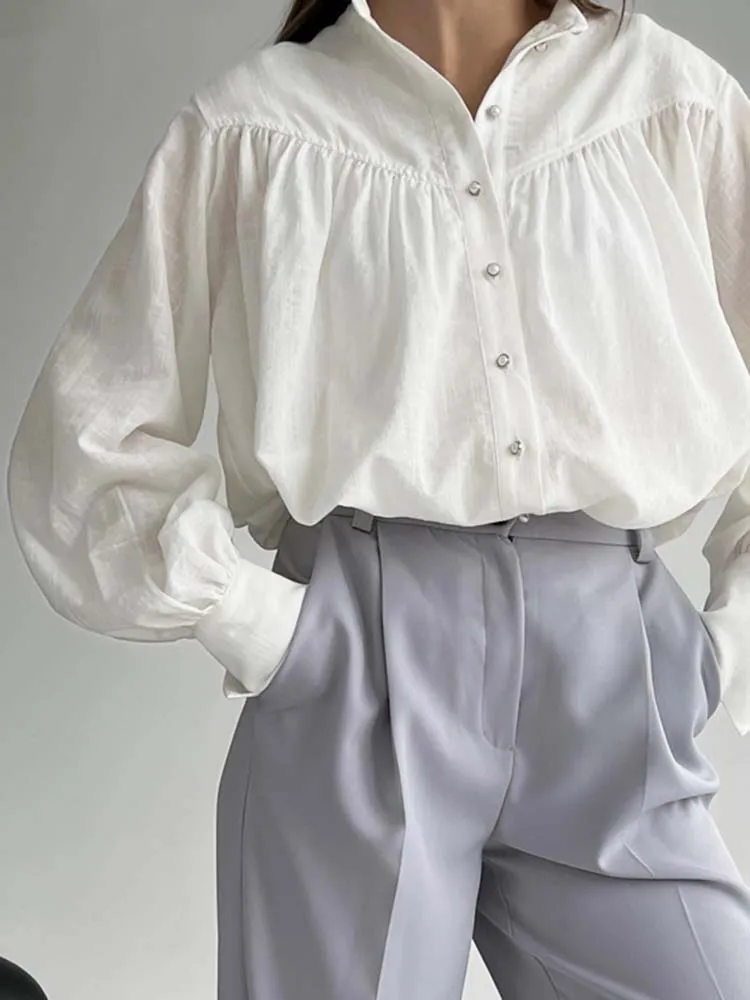 

Женская блузка со складками, однотонная модная однобортная рубашка с рукавами-фонариками, Элегантные повседневные блузки, весна 2023