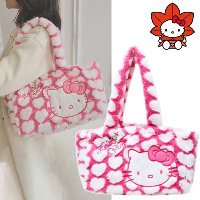 Kawaii Sanrioed Hello Kitty Soft Plush Bag Jk Lolita Girls Fashion Coin Purse Student Warm Fluffy Kt Cat Casual Shoulder Handbag