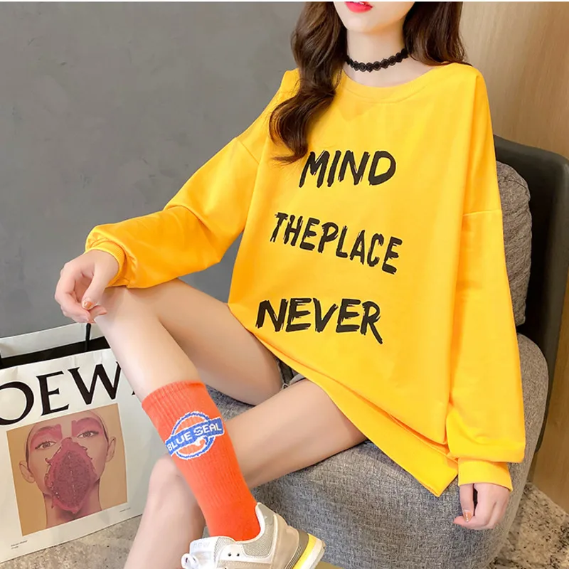 

Autumn Harajuku Pullover Female Loose Casual Cotton O Neck Korean Tops Women Back Zipper Letters Printed Asymmetrical Sweatshirt