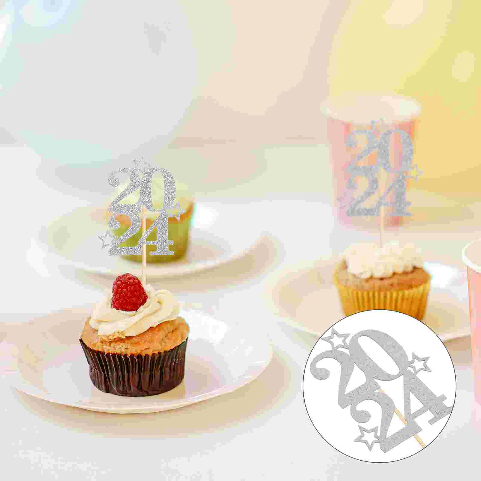 

30 Pcs Digital Cake Insert Decorations Wedding Ornaments New Year Picks Dessert Topper 2024 Cupcake Toppers Paper