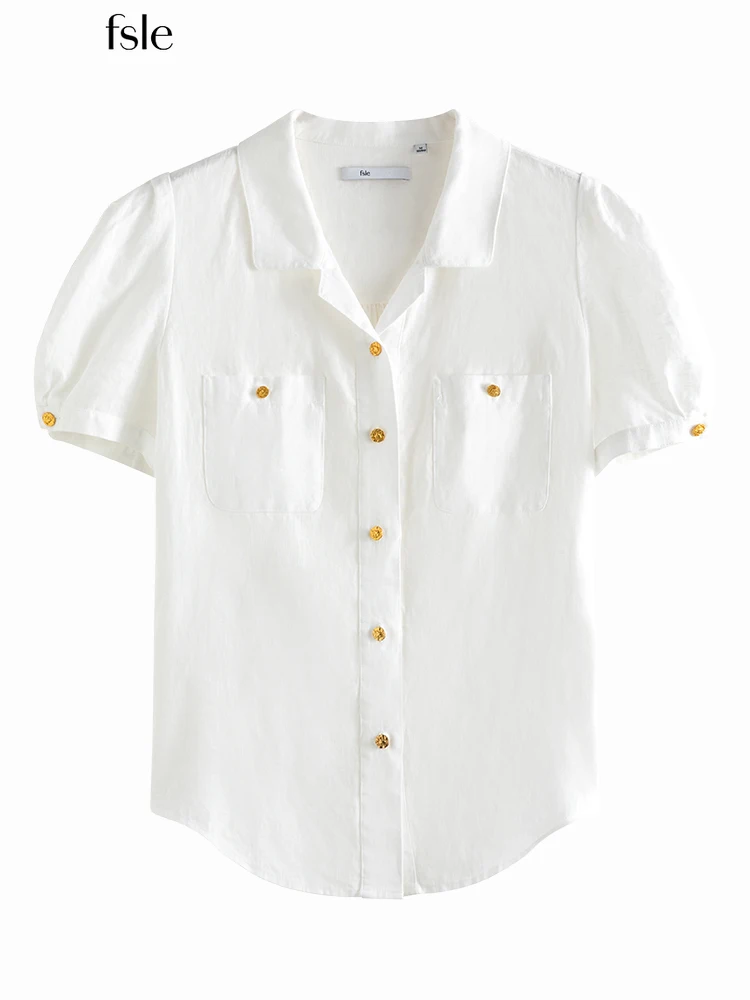 

FSLE Comfortable Льняная женская рубашка с коротким рукавом Офисная леди Solid Design Sense Casual Commute Female Tops Summer