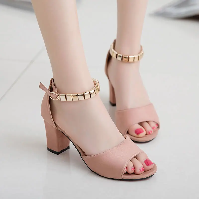 

Nice Summer Pop One Word Buckle Strap Thick Heel Suede Solid Color High Heels Women All-match Fish Mouth Women's Sandals