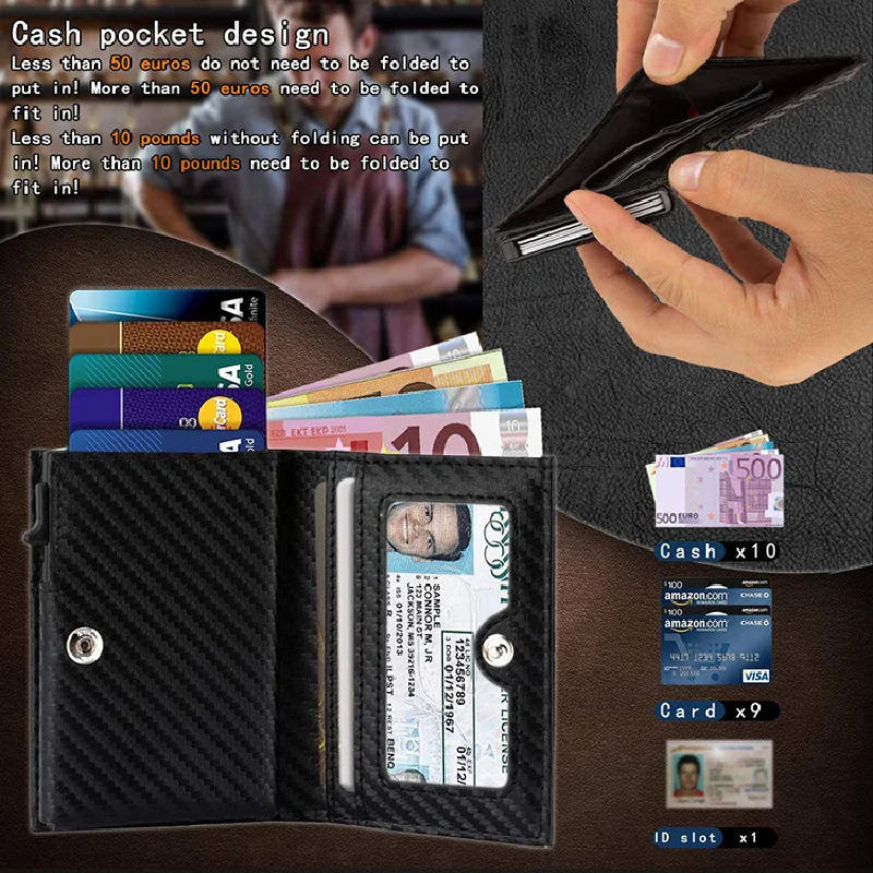 Carbon Fiber Leather Business Metal Aluminum Wallet for Men RFID Blocking Genuine Leather Slim Pop Up Card Holder