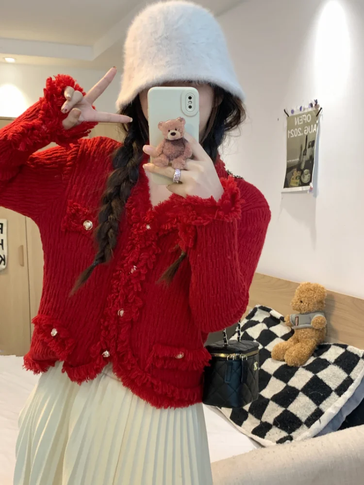 

Korobov French Cardigan Vintage V-neck Crop Top Age Reduction Winter Christmas Sweater Tassel Korean Fashion Sueters De Mujer