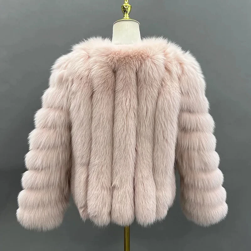 Роскошное розовое женское пальто из натурального лисьего меха короткая верхняя