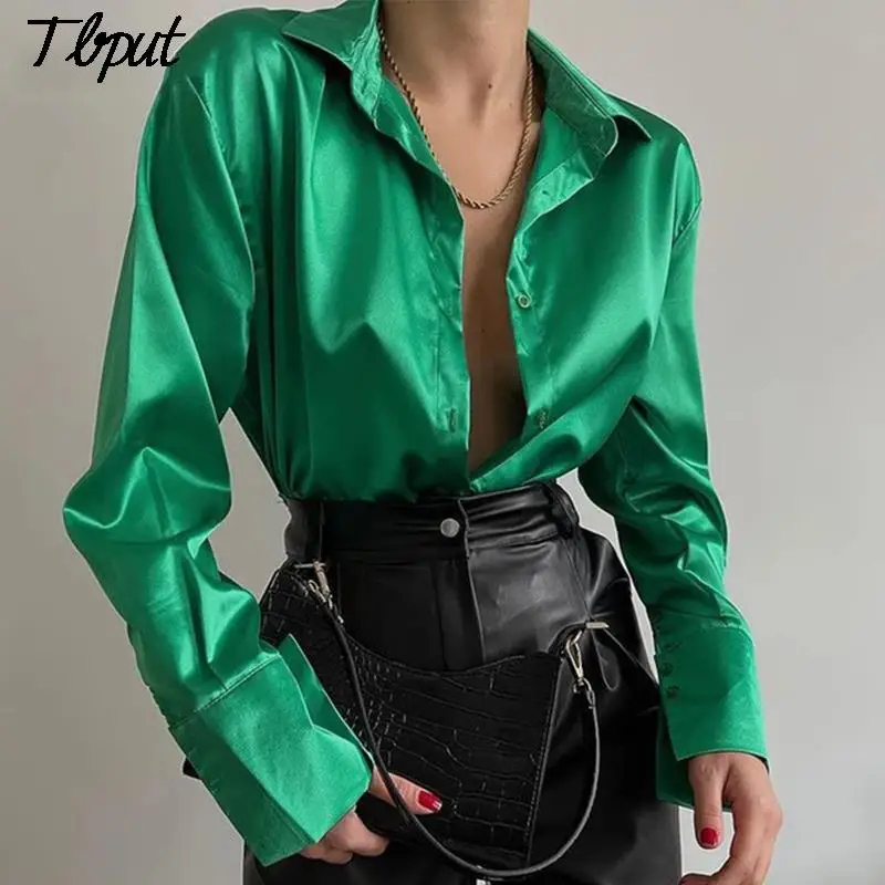 

Блузка женская однотонная атласная, Мягкая Повседневная однобортная рубашка с лацканами и длинным рукавом, свободного покроя, в стиле ретр...