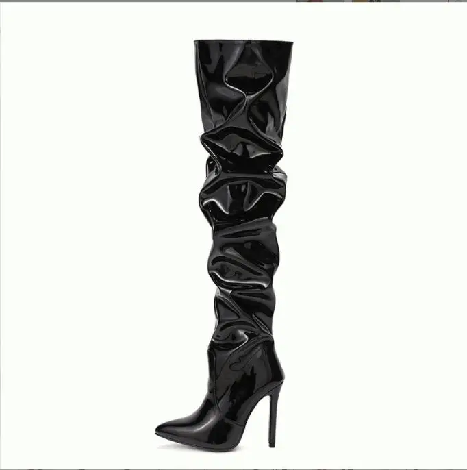 New High Quality Fine heel Sexy Patent Leather Black Over The Knee Boots Women Fashion Pointed Toe Thigh High Lady Shoes Large