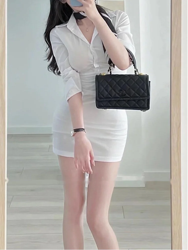 

Button WOMENGAGA Long Sleeve V Neck Shirt Pleated Mini Dress High Waist White Solid Women Dresses 2022 Spring Chic Korean 5KY6