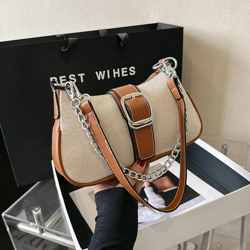 

Маленькая дизайнерская холщовая контрастная сумка для женщин, новинка 2023, трендовая сумка через плечо с цепочкой и одной лямкой