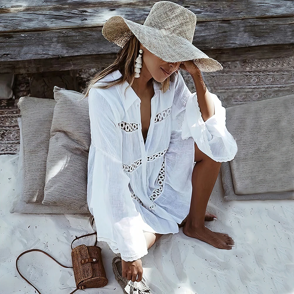 Bikini Cover-ups Summer Swimwear Lace Tunic Shirt Beach Dress Women Swimsuit Beach Cover Up Boho Beachwear Solid White Dresses