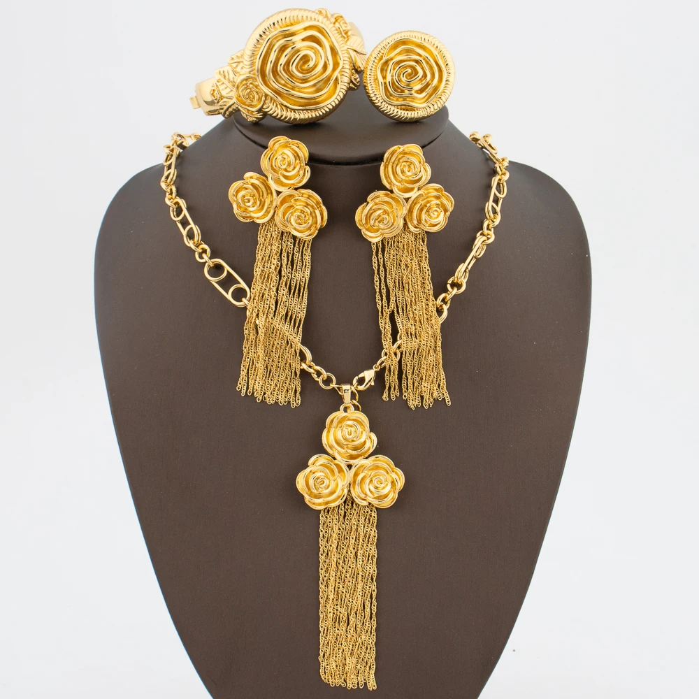 

Brazilian Rose Design Jewelry Set for Ladies Tassel Earrings and Necklace with Bracelet Ring Bride Bohemia Jewellery Dubai Gifts