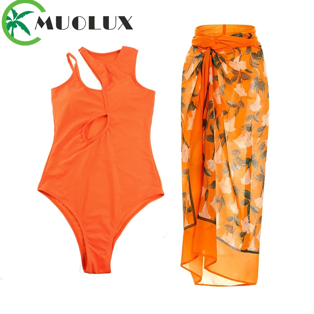 

MUOLUX 2023 Sexy Bikini Set Swimsuit Skirt Women Swimwear Cut Out Brazilian orange Monokini Swimming Bathing Suit Beach Dress