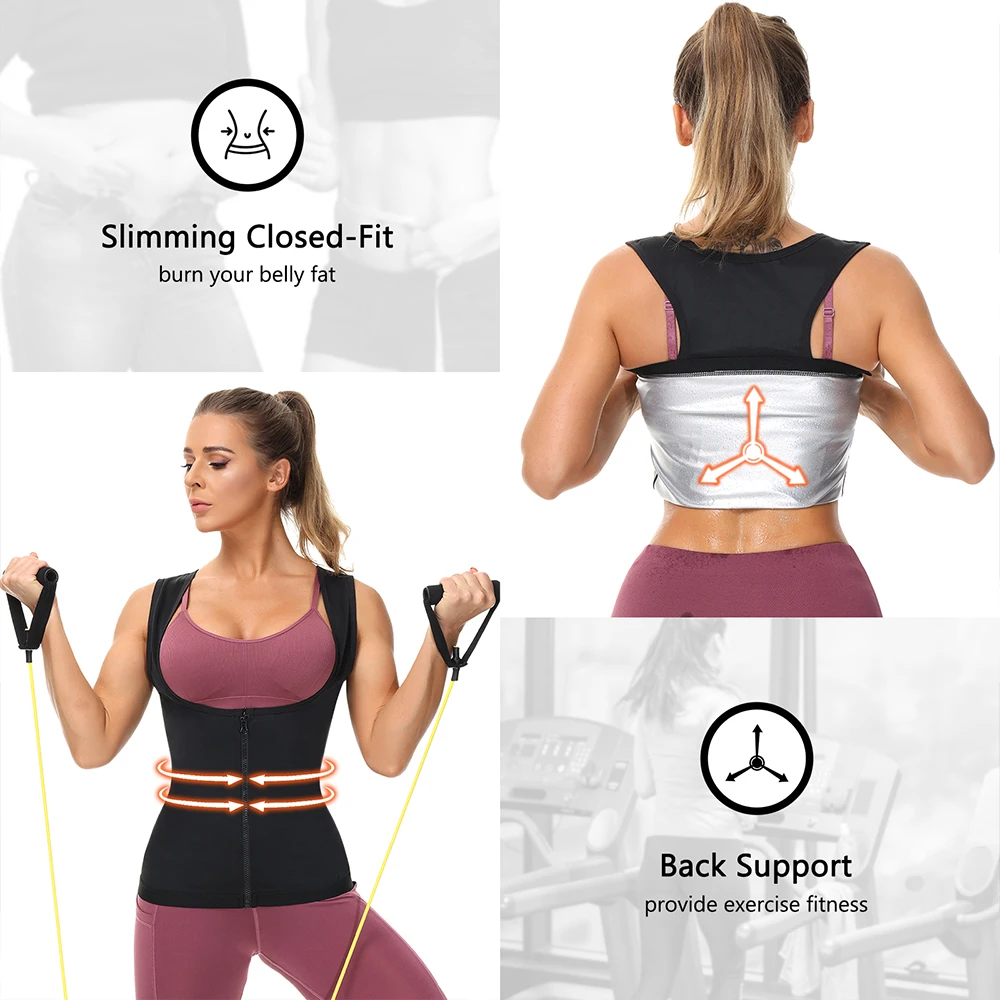 Women Slimming Sauna Vest Shirt Body Shaper Waist Trainer Sweat Corset with Zipper Gym Fitness Tank Top Sport Vest Weight Loss