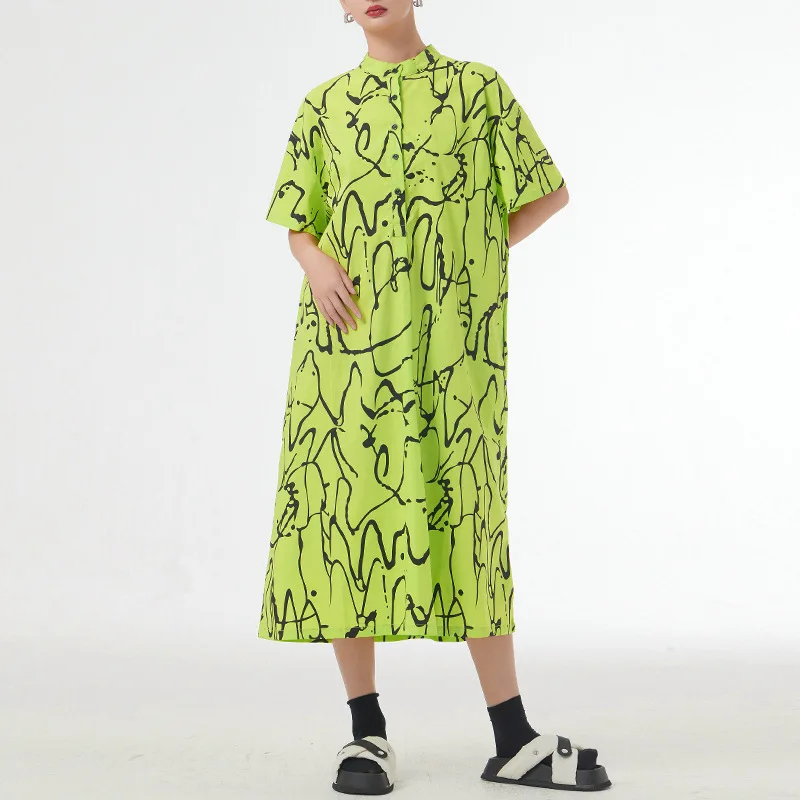 

Винтажное прямое платье с принтом и воротником-стойкой, тонкое платье-пуловер, женские летние тонкие платья с коротким рукавом, летнее платье