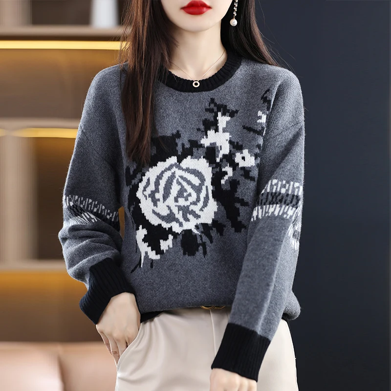 New Autumn And Winter Wool Sweater Women's Round Neck Long Sleeve Sweater Camellia Fashion Loose Knit Bottoming Shirt