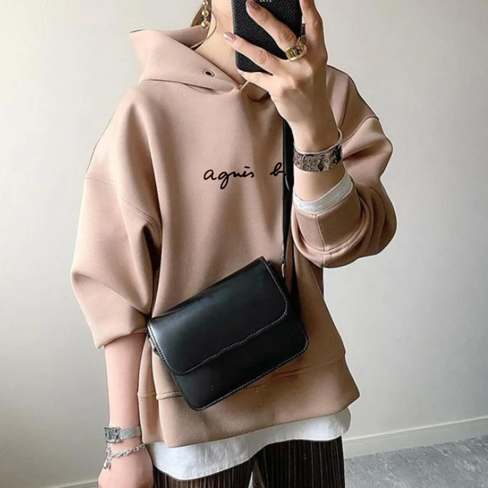 

2022 Autumn Winter Women Hoodies Korean Fashion Khaki Pullover Hooded Long Sleeve Top Female Fall Casual Loose Letter Sweatshirt
