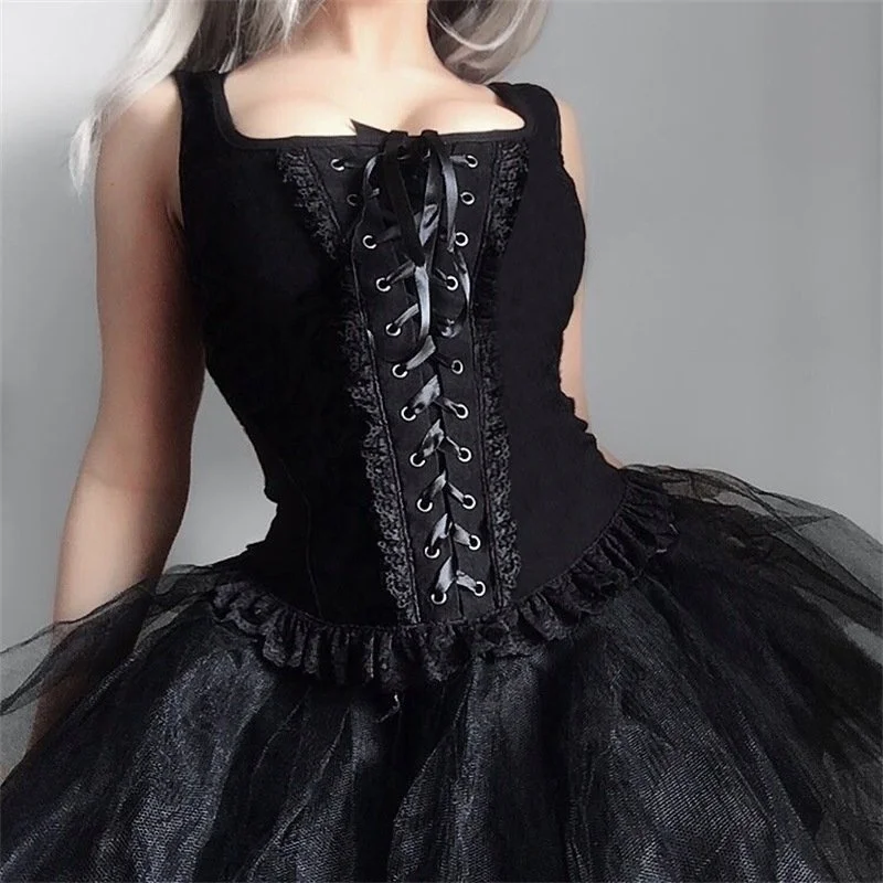 

Rosetic New Designed Dark Retro Goth Tank Tops Non-sleeve Bow Tie Patchwork Slim Square Collar Gothic Ladies Knits Tank Top