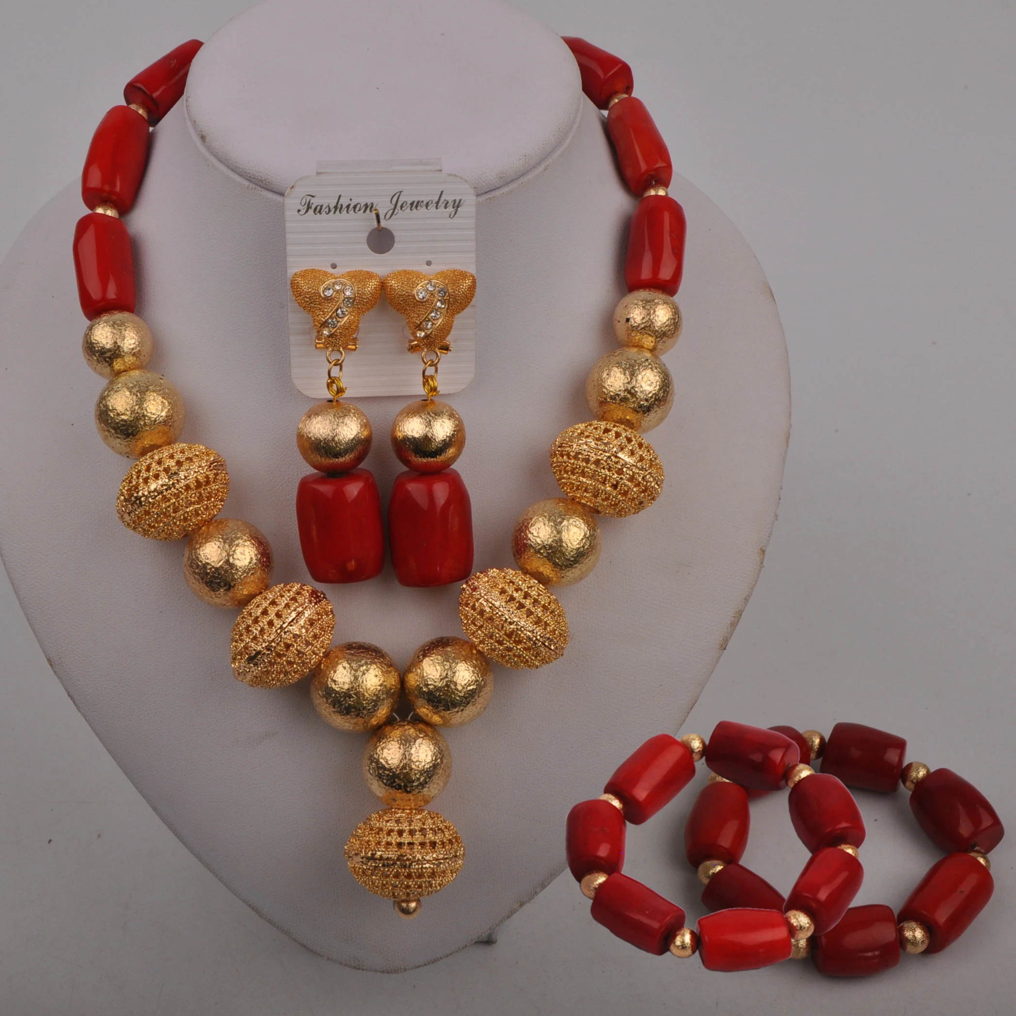 

African Necklace Red Coral Jewelry Set for Women