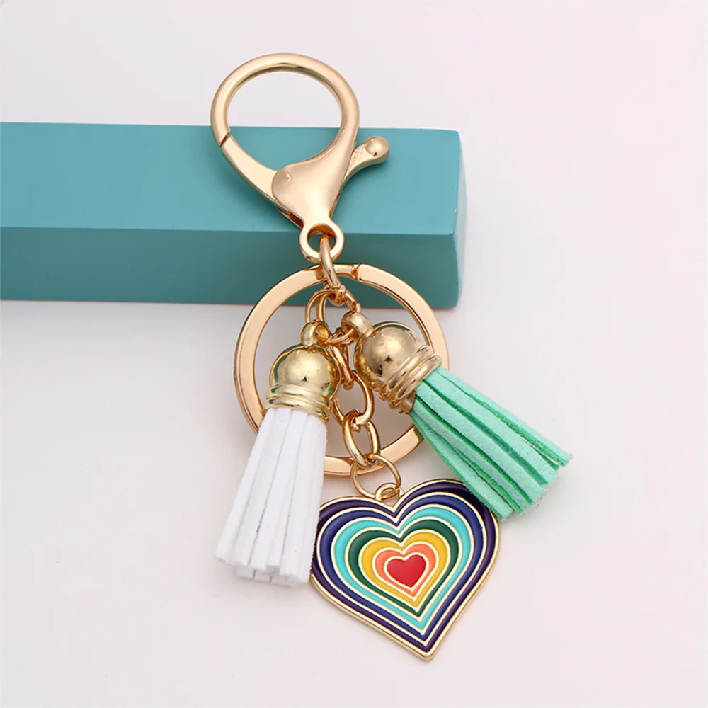 

Rainbow Heart Keychain Gold Color Stainless Steel Car Key Ring Bohe Tassel Keyring Fashion Jewelry Backpack Hanging Key Chains