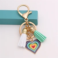 rainbow heart keychain gold color stainless steel car key ring bohe tassel keyring fashion jewelry backpack hanging key chains
