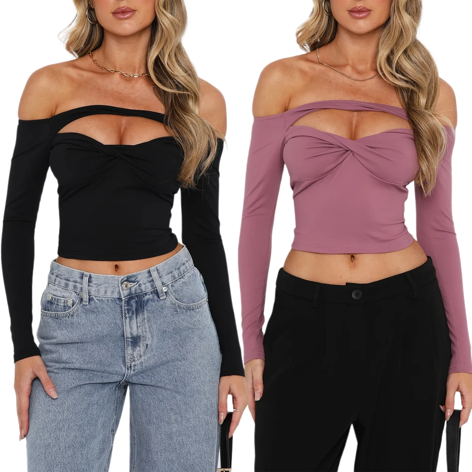 

Summer Slim Fit Spicy Girl Style Crop Tops Off Shoulder Long Sleeve Hollow Out Tunic Top Y2K Basic Streetwear Suit