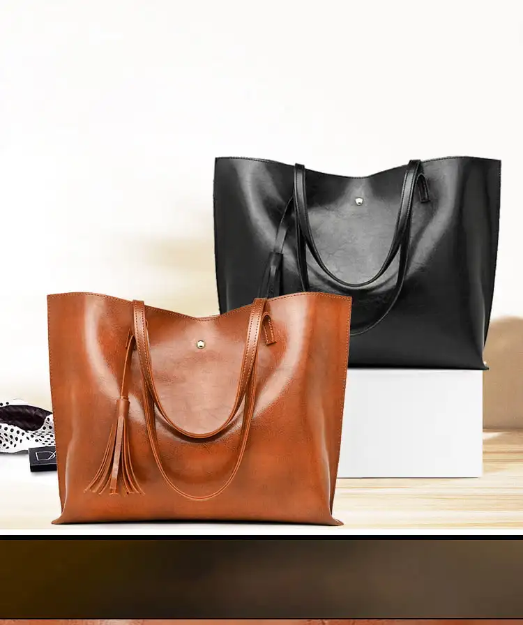 Women's Large Brown Soft Leather Tote Shoulder Bag from , Big Capacity Tassel Handbag with Distinctive Design - 156 Characters