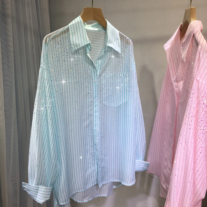 

Blingbling Hot Drilling Women Blouses 2023 New Spring Summer Long Sleeve Sunscreen Tops Shiny Diamond Vertical Stripe Shirts