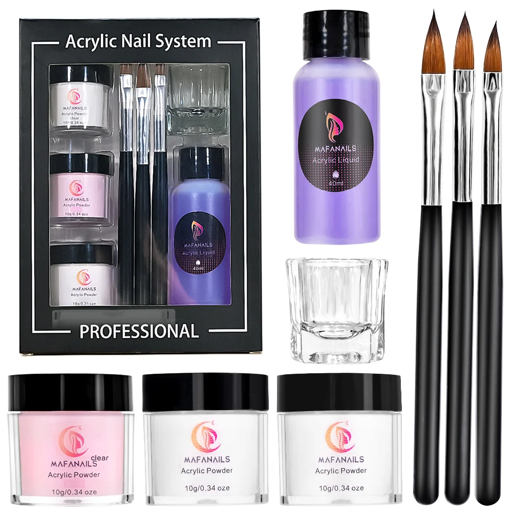 

Clear Pink White Acrylic Powder Liquid Nails Supplies Kits With Brush&Glass Cup Forms Acrylic Nail Kit For Home DIY Beginner P*#