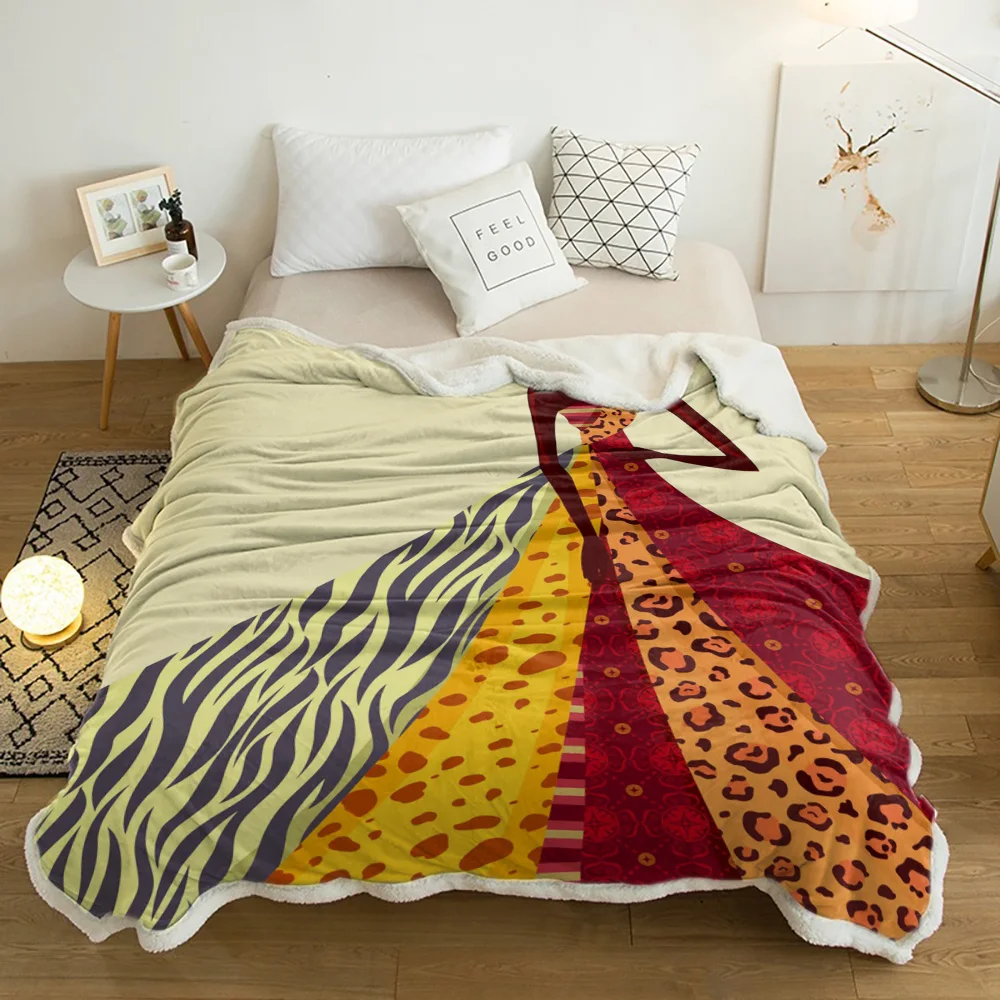 

African Girl Hat Leopard Skirt Art Lamb Cashmere Fleece Blanket Home Bed Sofa Winter Sherpa Bedding Kids Thick Bedspread