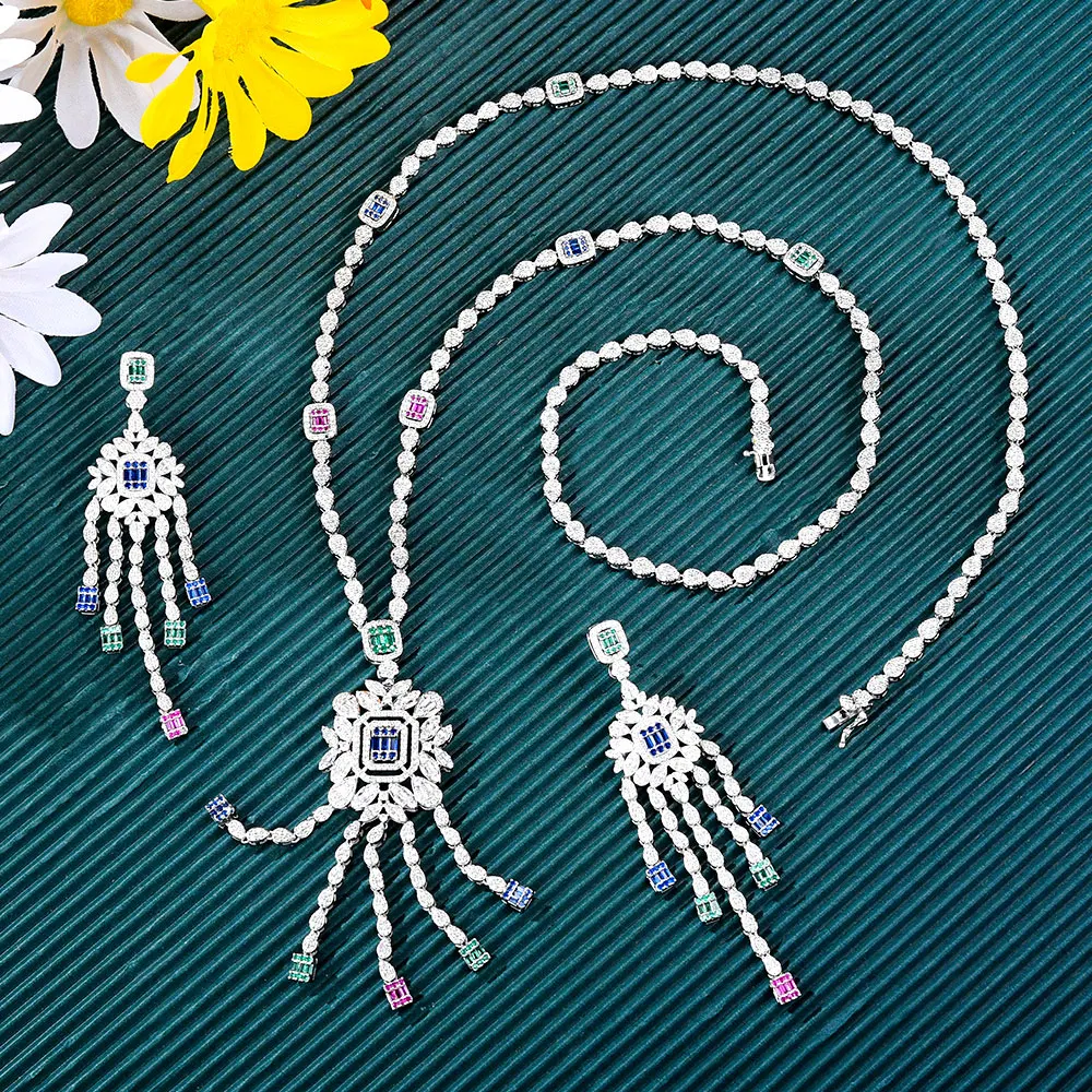 

GODKI Luxury 2Pcs Long Sweater Chain Necklace Earring Sets For Women Wedding Bridal Cubic Zirconia Dubai PARTY Jewelry Bohemian