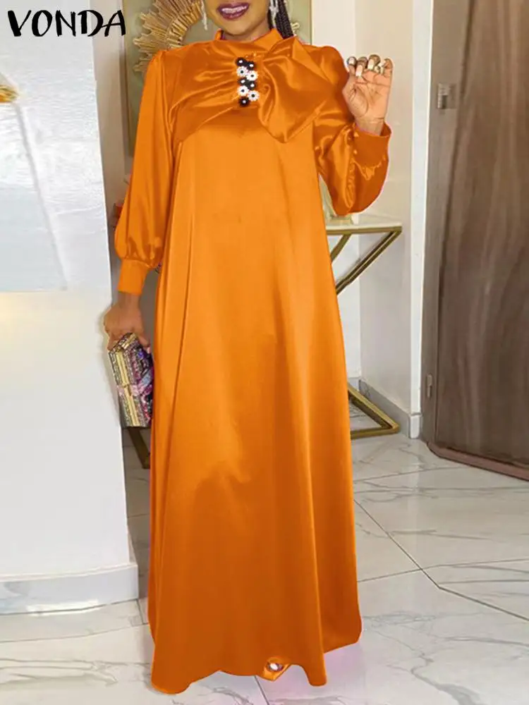 Богемное платье с цветочной вышивкой VONDA 2022, женские сексуальные длинные вечерние платья макси с длинным рукавом и бантом, Vestidos Femininas Robe Femme