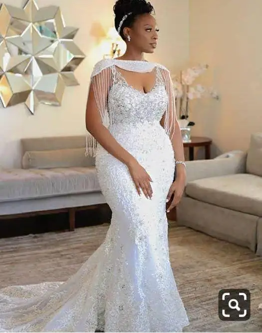

Fashion Appliqued Lace Elegant Mermaid Long Bridesmaid Dress Sequined Beading Tassel Plus Size African Party Wedding Dress