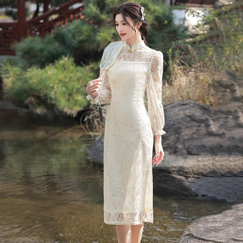 

Женское кружевное платье-Ципао с коротким рукавом