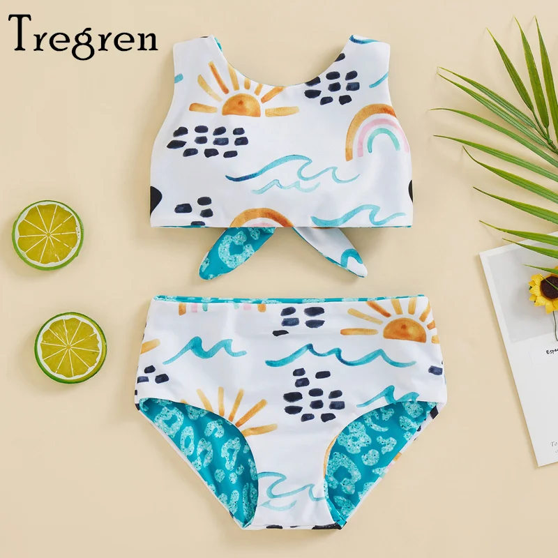 

Купальник для девочек Tregren из двух предметов, летние топы без рукавов с мультяшным принтом и узлом сзади + бикини, купальник для бассейна